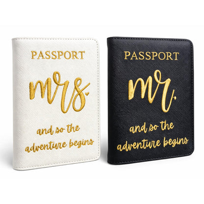 Passport Holder Set for Couples, Mr and Mrs Embroidered Passport Covers, PU Leather Travel Accessory, Wedding and Honeymoon Gift (Embroidered Black White Gold)