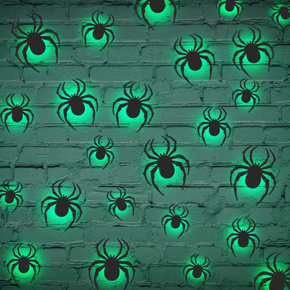 Tujoe 48 Pcs 2025 New LED Halloween 3D Lighted Spider Decorations Wall Stickers 4 Different Size Removable PVC Spider Wall Sticker for Indoor Home Hanging Window Glow Decor Party Supplies