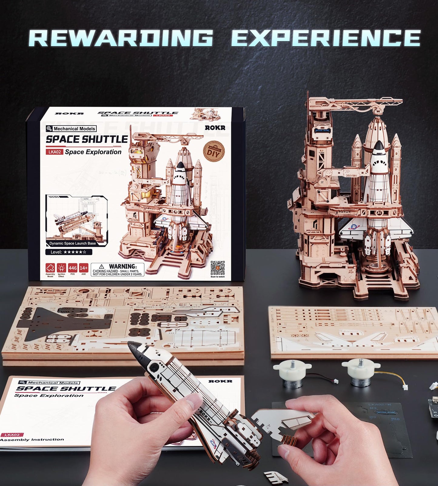 ROKR 3D Puzzles Space Shuttle-Dynamic Launch Base with Motorized Lift, LED Light Effects, 1:420 Scale Collectible Building Kit