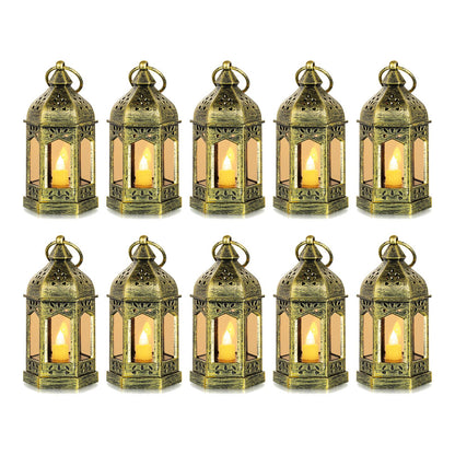 Romadedi Mini Lanterns Decorative for Centerpiece: 10pcs Hanging Small Gold Lantern Bulk with Flickering LED Candles for Wedding Decor Party Table Decorations Christmas Halloween, Batteries Included