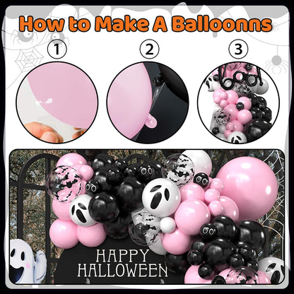 Halloween Balloon Arch Kit, Black Pink Balloons Garland Arch Kit with Large Ghost and BOO Foil Balloon, Eyes Bat Ghost Printed White Balloons For Halloween Decorations Home Garden Party Supplies