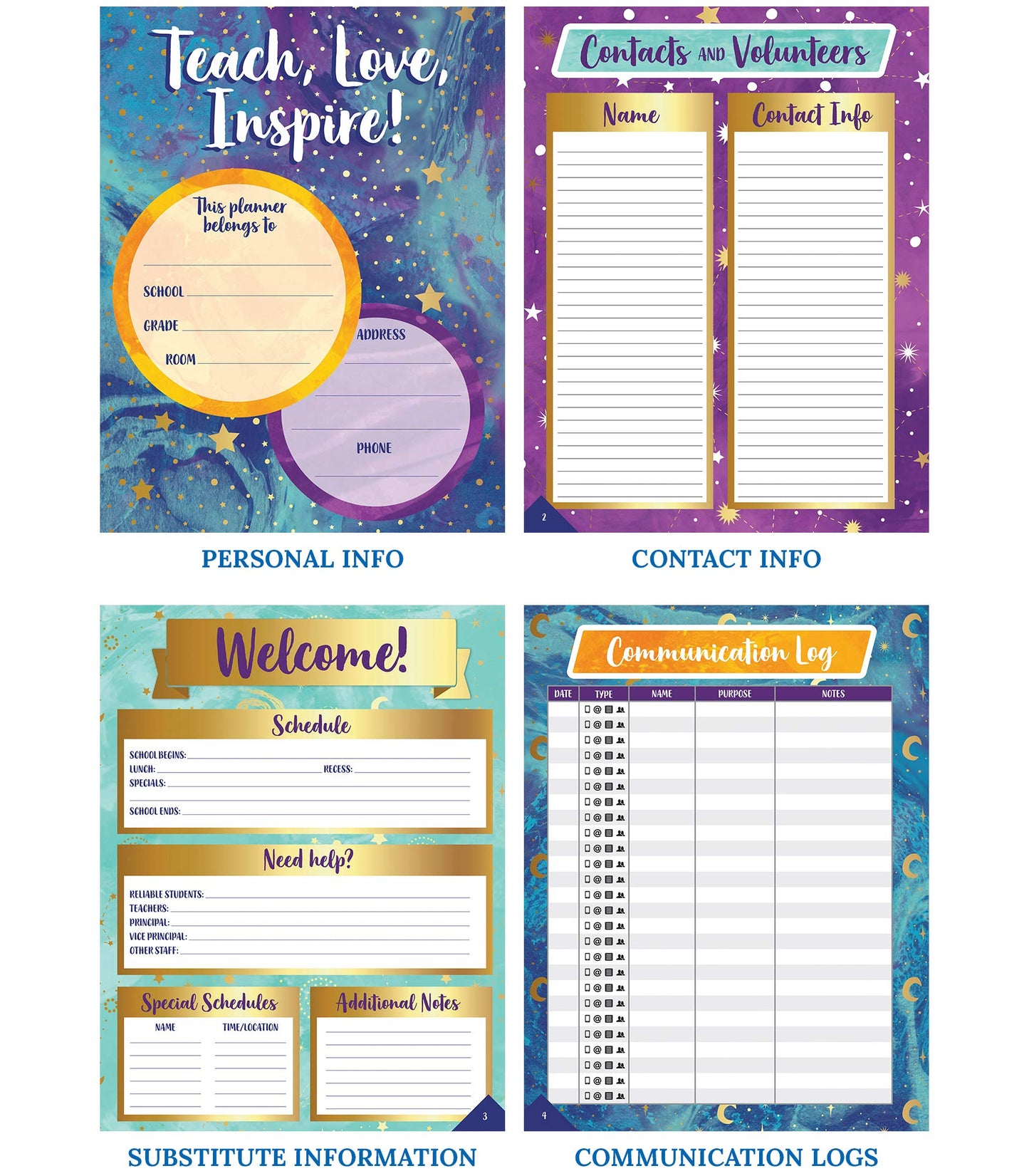 Carson Dellosa Galaxy Teacher Planner, 8" x 11" Space Theme Spiral Bound Lesson Plan Book With Stickers, Checklist, Notes, School Supplies for Classroom Organization