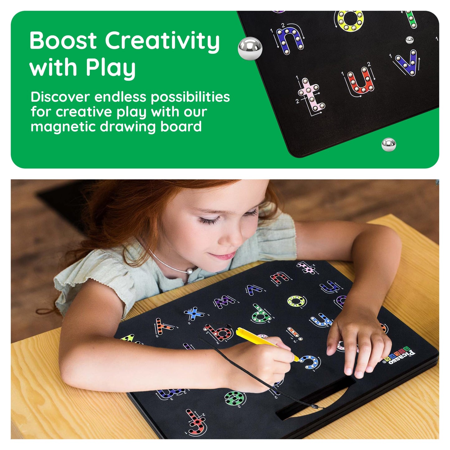 PicassoTiles 2PK 4-in-1 Magnetic Drawing Board 12x10 inch Large Magnet Tablet Pad with 4 Facings Lowercase & Uppercase Alphabets, Numbers, & Freestyle STEM Learning Writing Reading Playboard PTB06