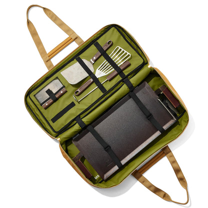 Made In Cookware - Griddle Utility Bag - Fits 2-Burner Carbon Steel Griddle - Removable Stain-Proof Interior - Luggage Grade Nylon - Camel Exterior and Olive Interior