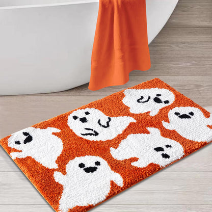 Estmy Cute Orange Ghost Bath Mat Non Slip Machine Washable 16’’x24’’ Spooky Funny Halloween Bath Rug Bathroom Decor, Soft Shaggy Microfiber Scary Spirit Fall Bathroom Shower Floor Mat Absorbent