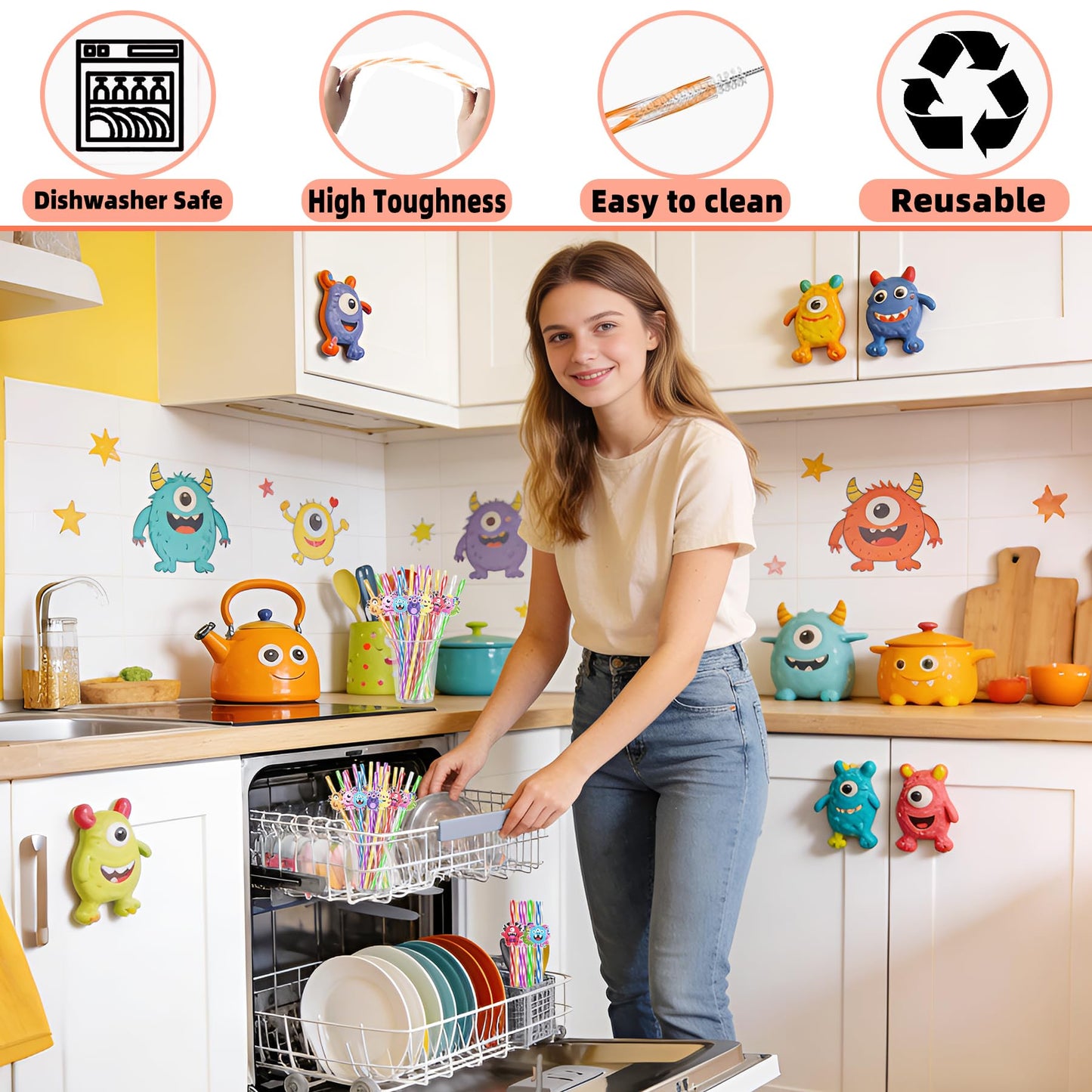 24 Monster Drinking Straws for Birthday Party Decorations Supplies-Reusable Plastic Cocktail Straw for Boys Girls Monsters Theme Party Favors Decor Gift School Reward Halloween,Dishwasher Safe Straws
