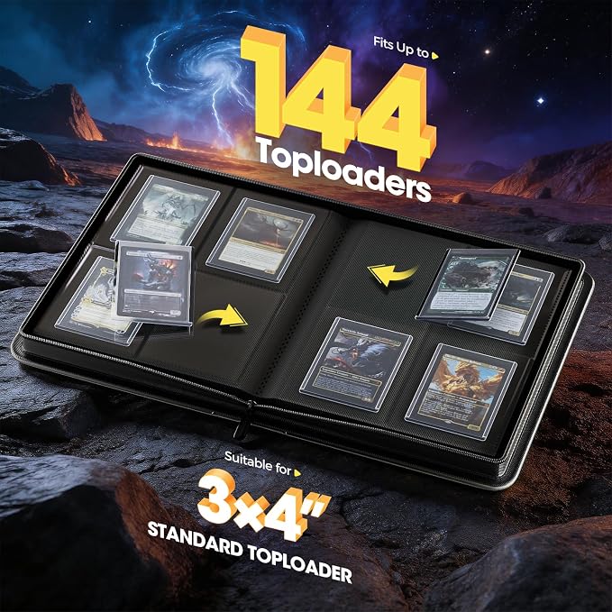 ProCase 4 Pocket Top Loader Binder, Holding 144 Cards in 3"x4" Toploaders, Side Loading Small Book Folder with Clear Window for Pokemon, Trading, Sports Cards Collection TCG, MTG -Black