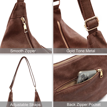 NIUEIMEE ZHOU Hobo Bags for Women Foldable Vegan Leather Shoulder Handbag Slouchy Tote Crossbody Purses