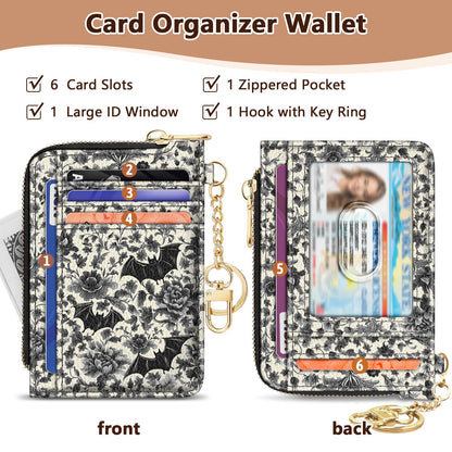 GIANCOMICS Slim Wallet Credit Card Holder Women, Goth Bat Rfid Blocking Small Card Case, Keychain Thin Pocket Curved Zipper Wallet, Travel Card Holder PU Leather ID Window, Ladies Female Gifts