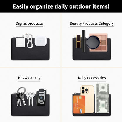 Genuine Leather Zipper Purse, Travel Makeup Bag With Zipper for Men Women Coin Bag Lipstick Cosmetic Accessories Organizer, Travel Kit Storage Pouch (Black)
