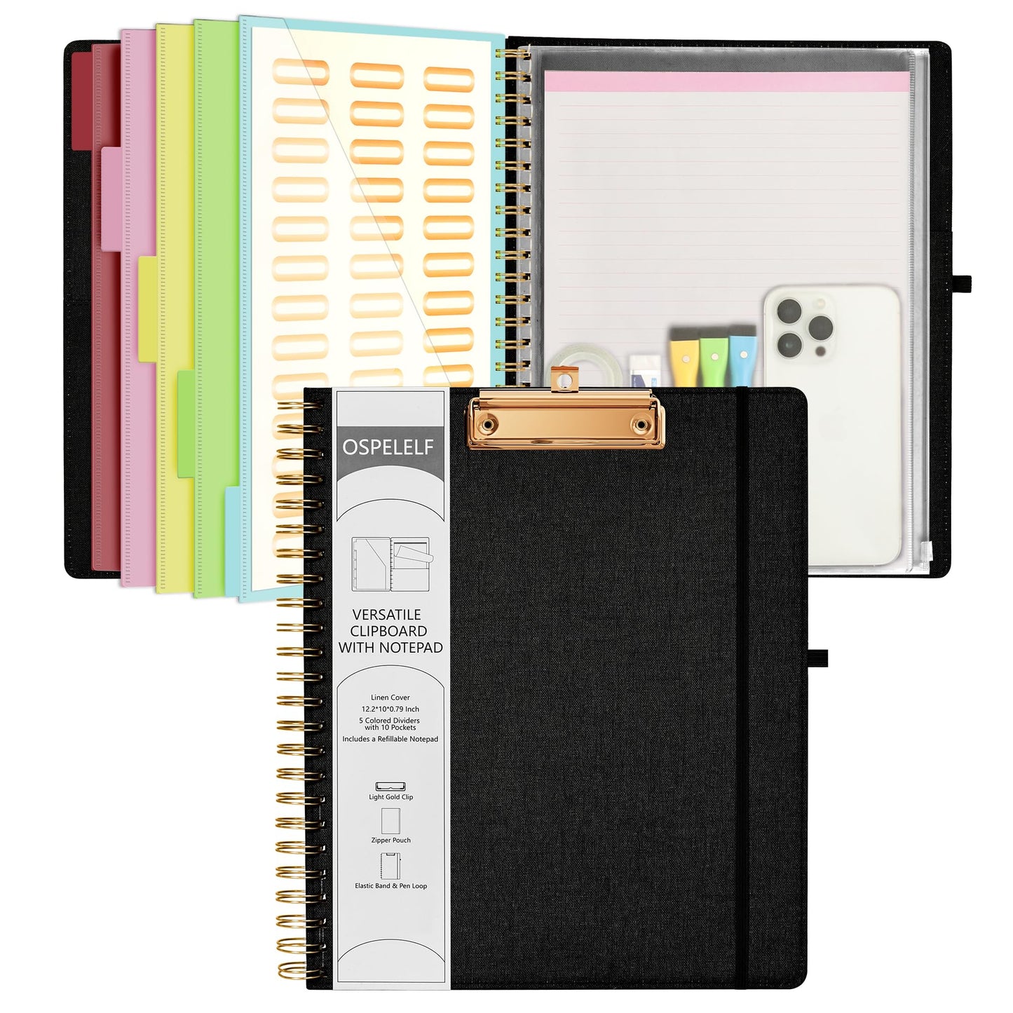 Ospelelf Black Foldable Spiral Clipboard Folio with Storage Zipper Pouch, 5 Plastic Folders with 10 Pockets,Refillable Lined Notepad (11" x 8.5"), Hardcover Project Organizer with 39 Stickers