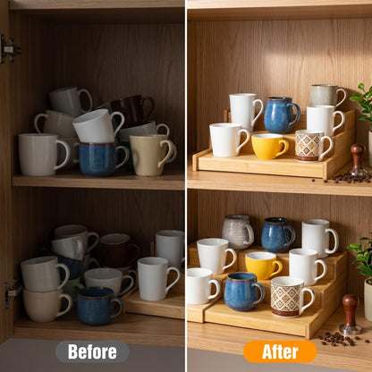 Nhohobiy 3-Tier Expandable Bamboo Mug Holder Shelf Rack For Countertop Coffee Cup Holder Display, Pantry Can Organizer for Cabinet, Coffee Bar Organizer for Kitchen