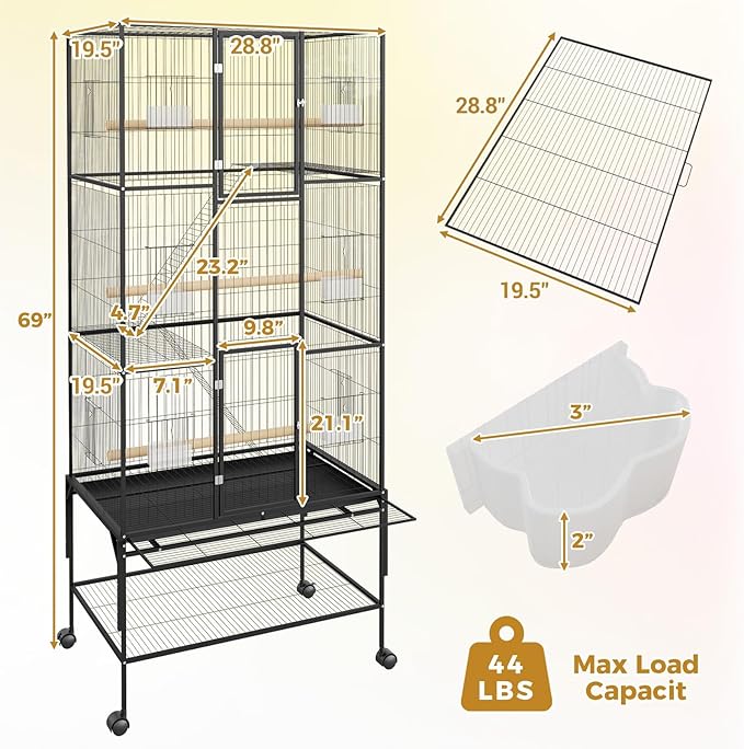 Extra Large Bird Cage, 69'' Metal Parrot Flight Cage with Storage Shelf & Pull-Out Tray for Mid-Sized Parrots Parakeets, Canaries, Finches, Cockatiels, Lovebirds