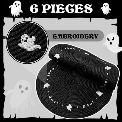 Tioncy 6 Pcs Plastic Halloween Placemats Round Embroidered Ghost Place Mats 13.5 Inch Black Spooky Ghosts Dinner Washable Table Mats Kitchen Dining Waterproof Placemats for Halloween Party Decoration
