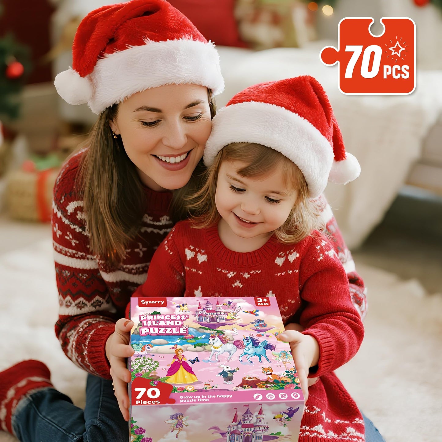 SYNARRY Unicorn Princess Mermaid Fairy Floor Puzzle for Kids Ages 3-5, Large 70 Piece Wooden Puzzle for Kids Ages 4-6, Preschool Toys Gifts for 3 4 5 6 7 8 Years Old Boys Girls Children