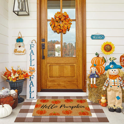 Fall Decor Door Mat Combo Set, Hello Pumpkin Coco Coir Welcome Doormat + 28" x 43" Mocha and White Plaid Rug, Autumn Thanksgiving Front Porch Entryway Decor Floor Mats