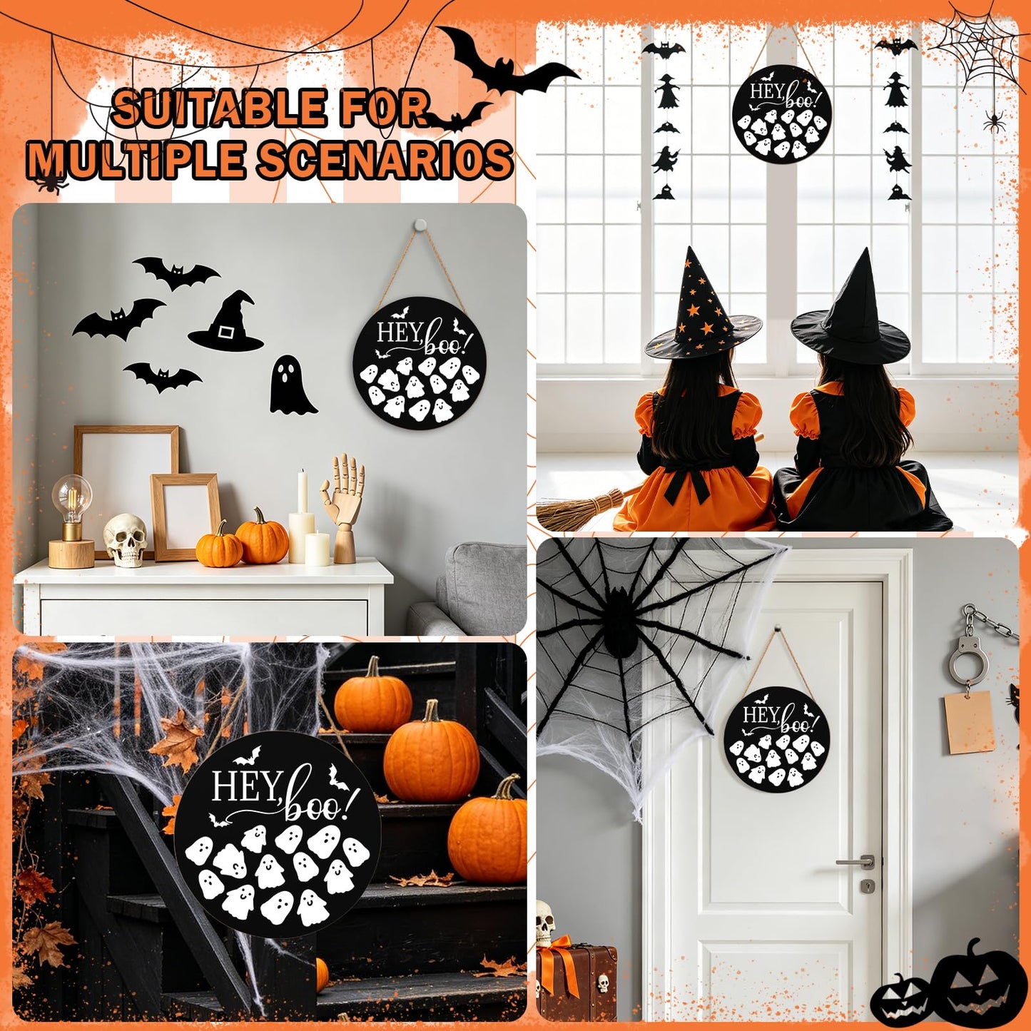 Hey Boo Sign 12x12 Inch Halloween Wreaths for Front Door Halloween Ghost Wood Door Hanger Black Boo Sign Farmhouse Holiday Decorations Wall Hanging Plaque for Trick or Treat Party Inside Outside