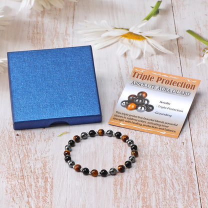 QOGIR Triple Protection - Onyx Hematite Tiger - Stainless Silver Beads Natural Gemstone Stretch Elastic Dainty Healing Beaded Bracelets Gifts 6mm