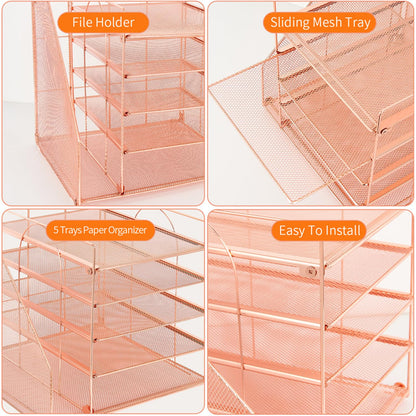 LEKETREE Desk Organizers and Accessories, 5-Tier Paper Letter Tray Organizer with File Holder, Desktop Organizer for Office Supplies (Rose Gold)