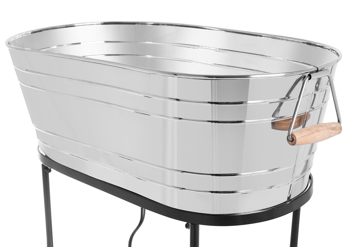 BirdRock Home Stainless Steel Beverage Tub with Stand - Oval - Bottom Tray - Party Drink Holder - Wooden Handles - Outdoor or Indoor Use - Free Standing
