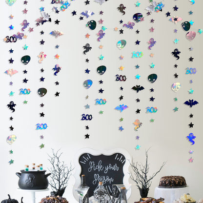 52 Feet Halloween Party Decorations Garlands Streamer BOO Sign Ghost Bat Skull Star Hanging Paper Banner Bunting in Iridescent Black Silver for Halloween All Hallows Eve Birthday Home Party Supplies