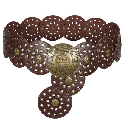 WERFORU Women Wide Western Disc Belt Cowgirl Boho Leather Belt for Jeans Dress