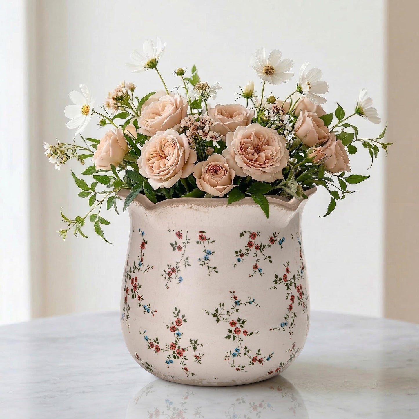 behen bahen Vintage Ceramic Planter Pot with Drainage Holes, Green Floral Design, 6.11 Inch, Distressed Tuscan Style, Indoor Plant Pot and Vase (Small Red Blooms)