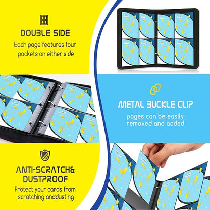 Trading Card Binder 4 Pocket,400 Pocket Card Collection Binder with 50 Removable Sleeves,PU Waterproof Top Card Book,3-Ring Zipper Collectible Trading Card Album for MTG/TCG/Card Holder Gift(Blue)