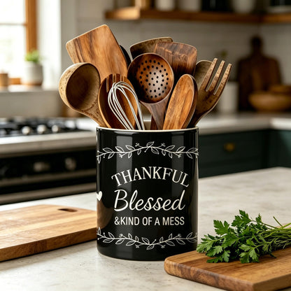DPOTHK Black Utensil Holder, Ceramic Kitchen Utensil Holder, Utensil Crock for Home Kitchen Countertop Storage Organizer Container, Large Holder for Spatulas, Spoons, Kitchen Counter Decor, 6"