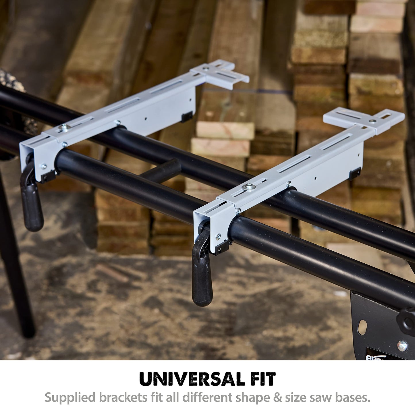 Evolution Power Tools Miter Saw Stand PLUS - Compact Folding Stand with Extendable Arms, Large Wheels, Universal Fittings for Most Brands Evolution, Makita, DeWalt, Bosch, Ryobi, Einhell and Metabo