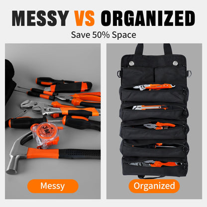 AASTT Portable Foldable Roll Up Tool Bag, Heavy Duty Tool Organizer Bag with 5 Compartments & 2 Detachable Pouches for Tools Storage, Waterproof Tool Roll Bag for Dad Men Electrician Mechanic Gifts