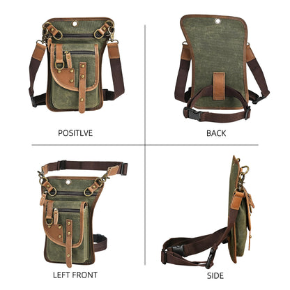 Handadsume Canvas + Leather Motorcycle Travel Fanny Waist Pack Drop Thigh Leg Bag Pouch For Men Women FB2141 (2141-The Army Green)