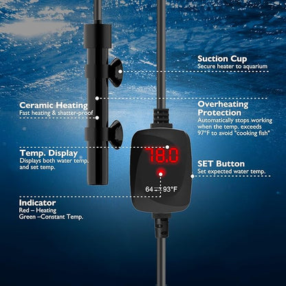 25W Mini Aquarium Heater Betta Heater for 3-5 Gallon Freshwater & Saltwater Tanks, Alumina Ceramic Fish Tank Heater Turtle Heater with Dry-Run & Overheat Protection