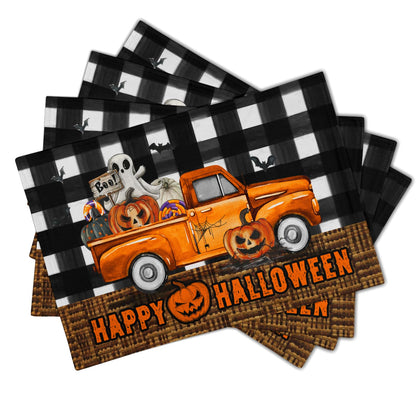 Happy Halloween Placemats Set of 4, 12x18 Inch Pumpkin Ghost Truck Bats Buffalo Plaid Washable Linen Dining Table Place Mats Farmhouse Seasonal Kitchen Dinner Party Holiday Decor
