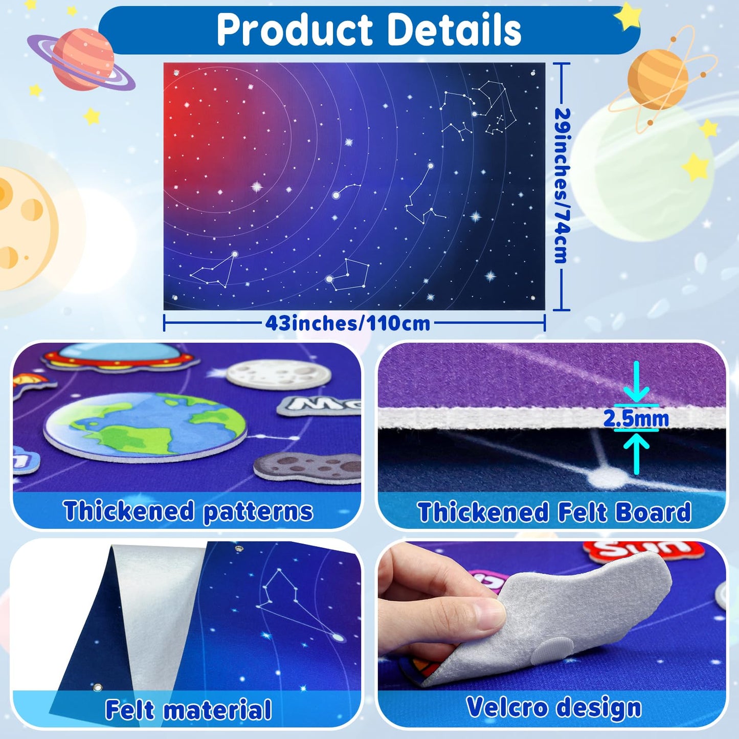 OKOOKO Solar System Felt Story Board Set 41PCS 43x29inch Outer Space Universe Storytelling with Hooks Astronaut Planets Galaxy Preschool Craft Early Learning Interactive Play Kit for Toddlers Kids 4+