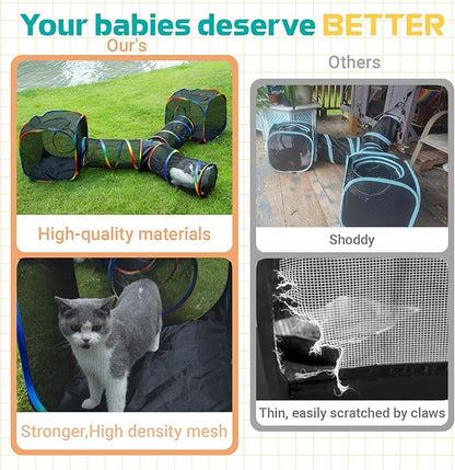 Outdoor Rainbow Cat Enclosures Playground,Outside House for Indoor Cats Include Portable Tent, 3 Way with 2 Cube Tunnel, for Kitty and Small Animals,Within Storage Bag