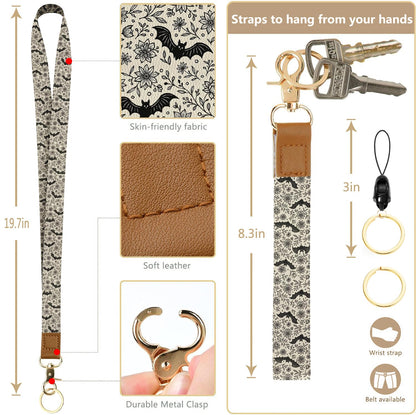 bolimoss Bat Lanyard Wallet Badge Holder PU Leather RFID Keychain Wallet with Breakaway Neck Wristlet Lanyard Zipper Pocket, Slim Credit Card Holder with Key Ring Phone Holder for Teacher Nurse Women