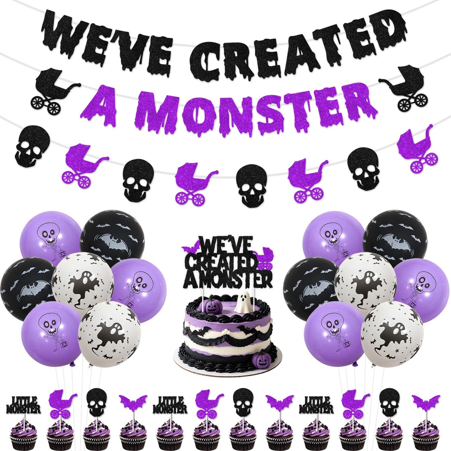 Fangleland Halloween Monster Baby Shower Decorations, Black Purle We've Created a Monster Banner Garland Cake Cupcake Toppers Balloons, Gothic Gender Reveal Pregnancy Announcement Party Supplies