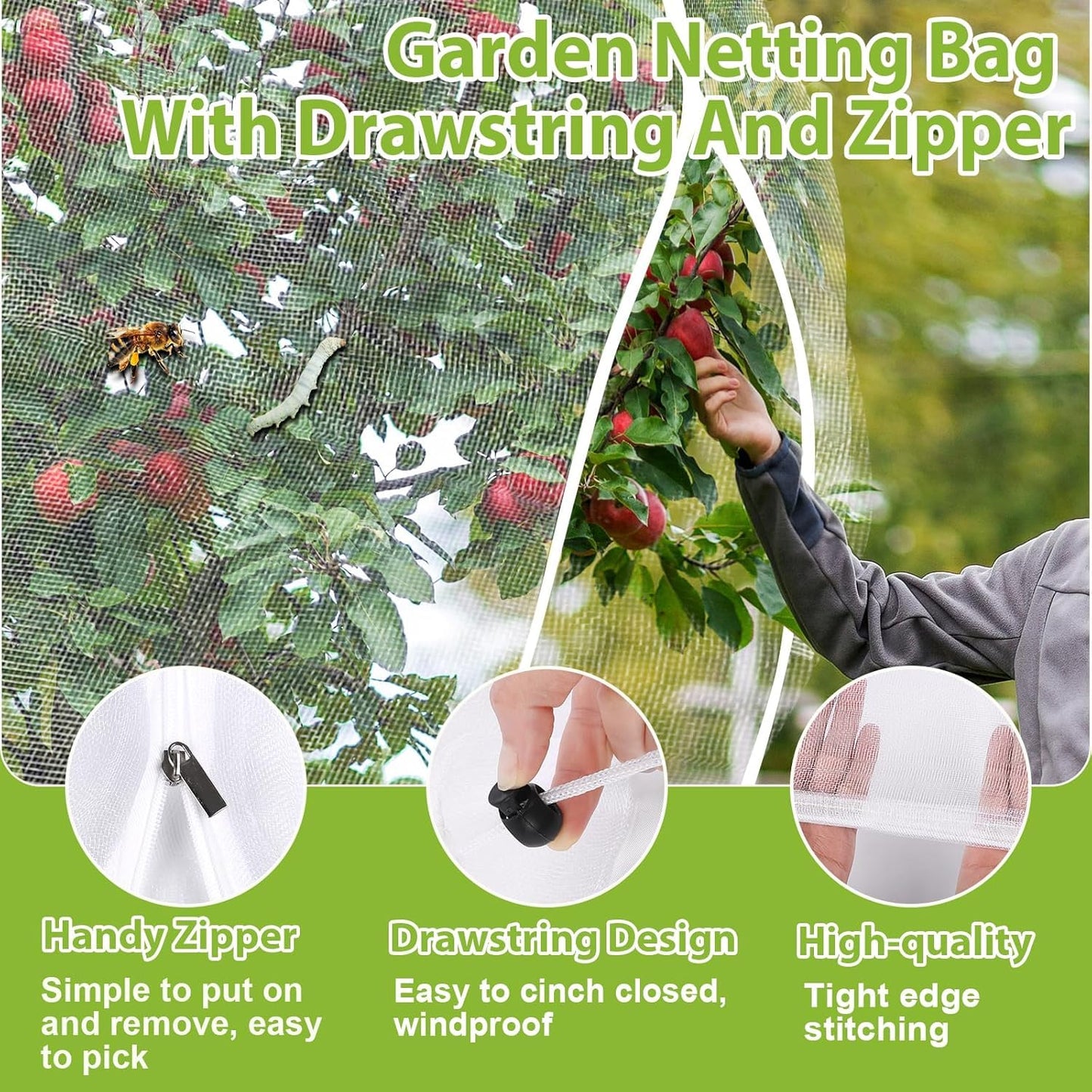 Large Fruit Tree Netting with Drawstring and Zipper, 15 * 15FT Garden Netting for Garden Protection, Insect Bird Netting for Fruit Trees, Protection from Anti Birds, Bugs,Cicadas, Insects