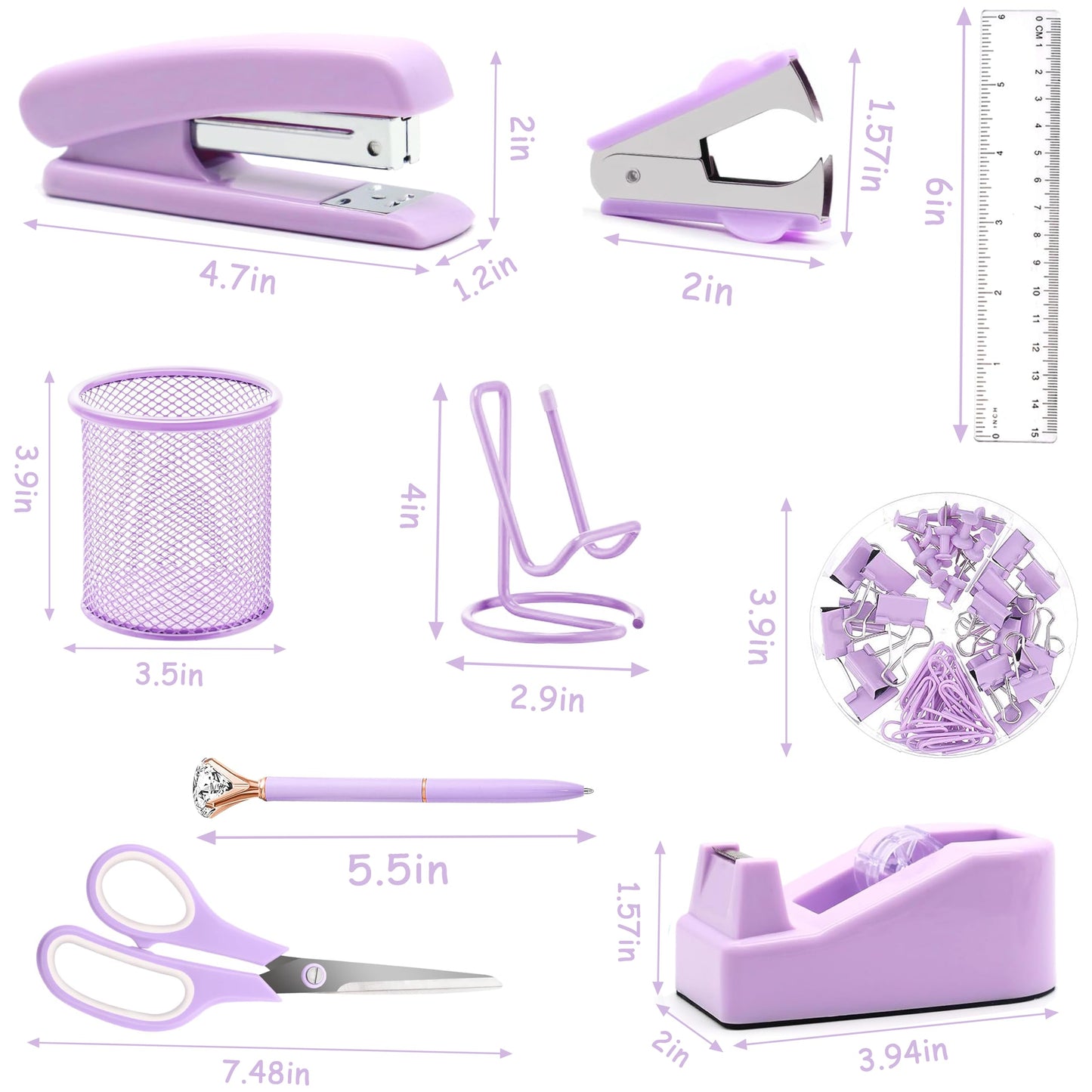 Purple Office Supplies, Purple Desk Accessories, Stapler, Staple Remover, Tape Holder, Pen Holder, Ballpoint Pen, Scissor, Binder Clips, 1000 Staples, Phone Holder, Ruler, Transparent Glue and Notes