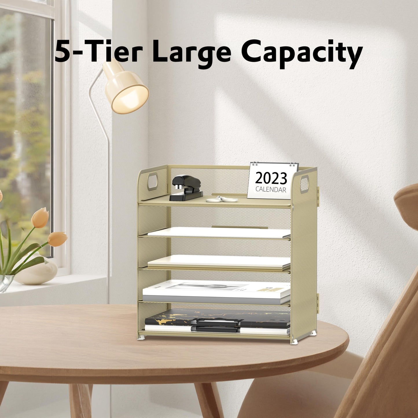 Supeasy 5 Trays Paper Organizer Letter Tray with Handle-Mesh Desk File Organizer,Pink Paper Sorter Desk Organizer for Office, Home or School (Gold Yellow)