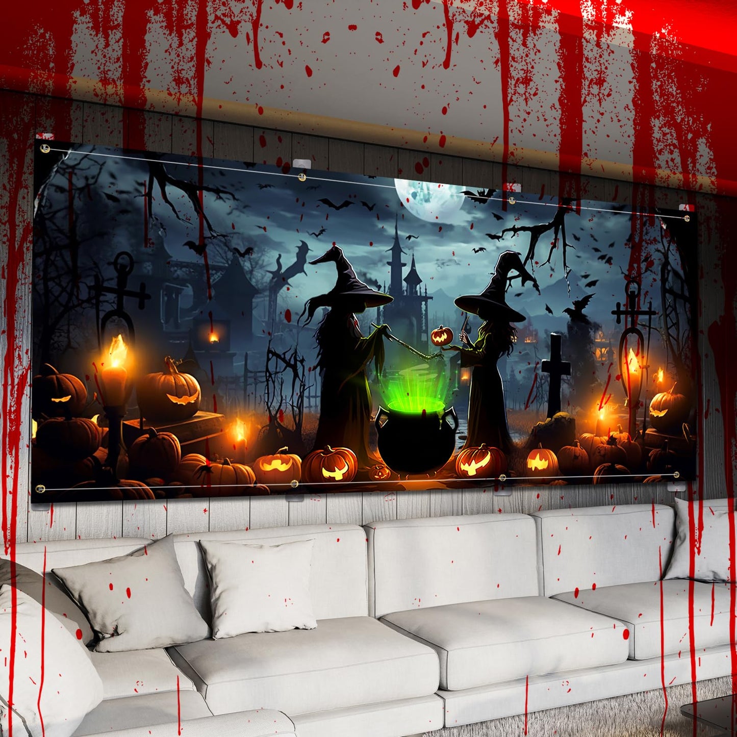 Lighted Witch Halloween Garage Door Decorations Banner - 7 x 16 ft Halloween Garage Door Cover with LED Light Strap, Large Hanging Backdrop for Home Outdoor Spooky Party Yard Decor