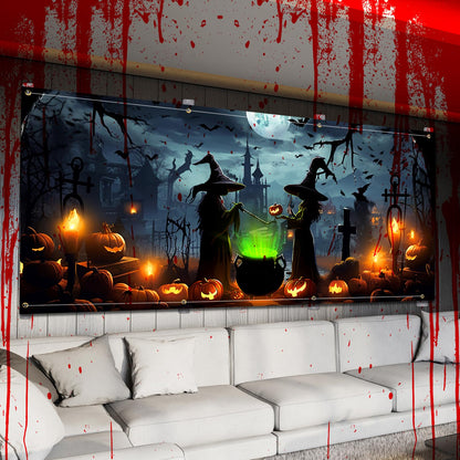 Lighted Witch Halloween Garage Door Decorations Banner - 7 x 16 ft Halloween Garage Door Cover with LED Light Strap, Large Hanging Backdrop for Home Outdoor Spooky Party Yard Decor
