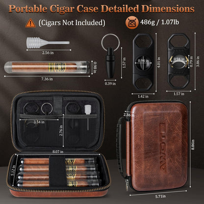 AWOTE Travel Cigar Humidor Case, Portable Cigar Bag with 4 Cigar Tubes, Leather Cigar Case Include Straight Cutter, V Cutter, Hole Puncher, Gift Set for Cigar Lovers, Lighter not included (Brown)