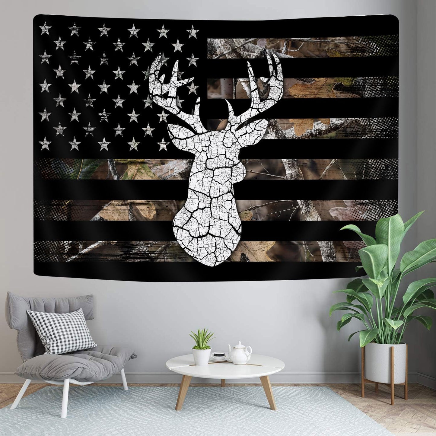 GOAOK Western Tapestry Black White American Flag, Country Deer Hunting Camo Tapestries for Men Guys Room Decor, Tapestry Wall Hanging Poster Blanket College Dorm Cool Indie Room 60"X40"