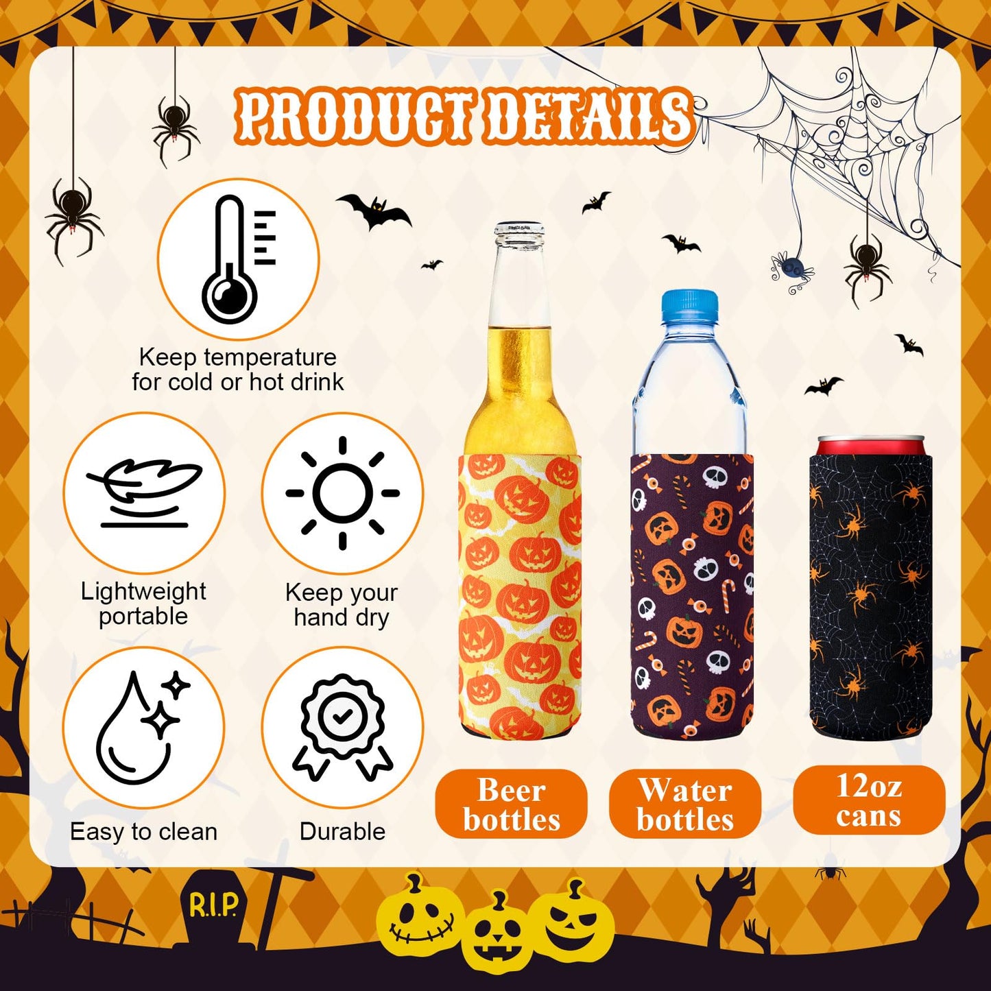 Mimorou 16 Pcs Halloween Can Coolers Sleeves 12oz Xmas Skinny Can Cooler Sleeves Reusable Neoprene Slim Beer Insulator for Halloween Party Favors Decoration Gifts Supplies (Spider)