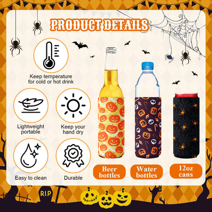Mimorou 16 Pcs Halloween Can Coolers Sleeves 12oz Xmas Skinny Can Cooler Sleeves Reusable Neoprene Slim Beer Insulator for Halloween Party Favors Decoration Gifts Supplies (Spider)