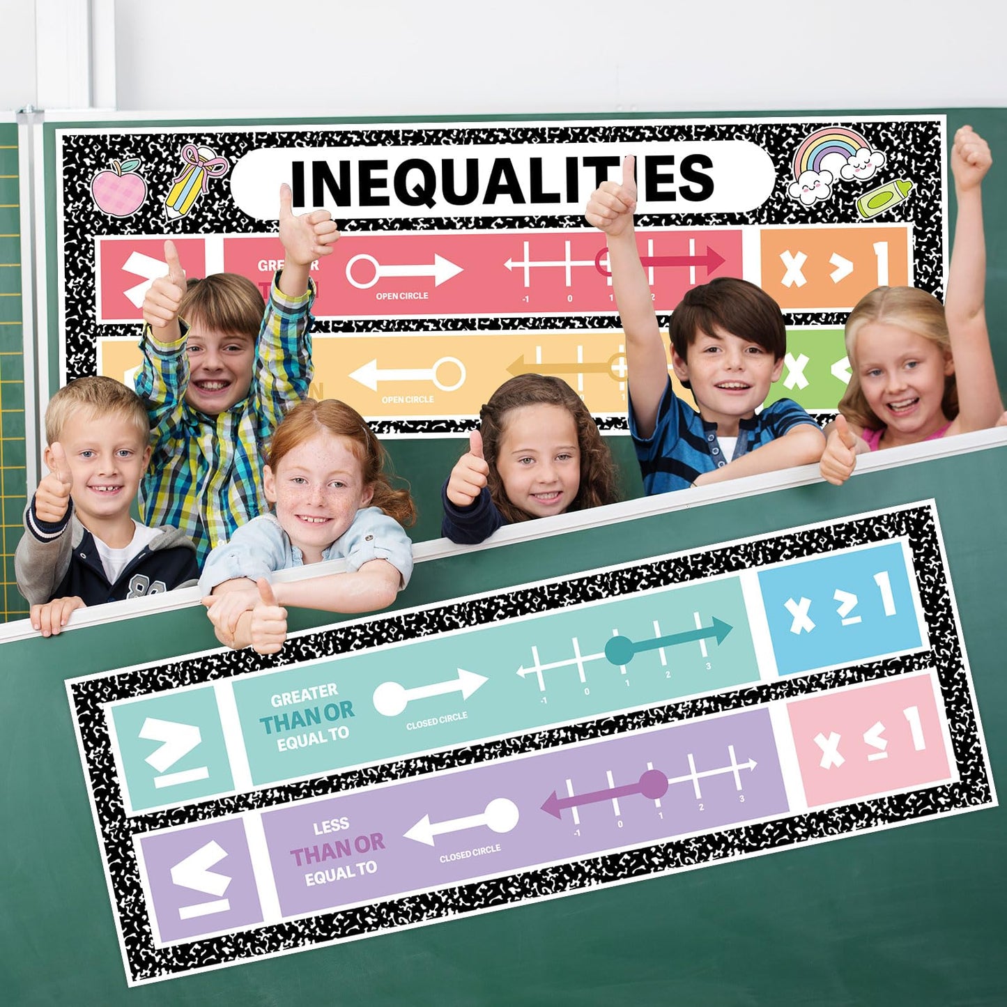 2Pcs Educational Inequalities Math Posters Composition Notebook Math Bulletin Board Mathematics Classroom Banners Back to School Wall Art for Teacher Student Elementary Middle School Office Home Decor