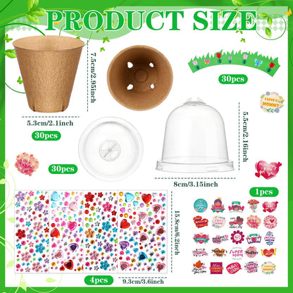 Motipuns 30 Pack Mother's Day Garden Paper Pot Craft Kit Include Plant Flower Peat Pots with Domes 4 Sheet Rhinestones Jewels Stickers and Adhesive Spring Stickers Set for DIY Craft Gifts