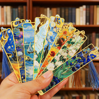 KInsound 8pcs Metal Bookmarks with Tassel, Golden Van Gogh Monet Oil Painting Theme Cute Book Markers for Reading Women, Men, Kids, Book Lovers, Reading Accessories Gifts for Book Lovers